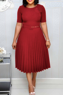 Burgundy Casual Solid Patchwork Tear With Belt O Neck A Line Dresses