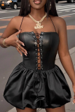 Black Sexy Solid Color Cross Straps Spaghetti Strap Bud Dresses