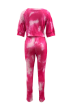 Yellow Casual Tie Dye Patchwork O Neck Short Sleeve Two Pieces