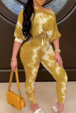 Yellow Casual Tie Dye Patchwork O Neck Short Sleeve Two Pieces