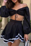 Blue Sexy Solid Color Lace Off Shoulder Long Sleeve Two Pieces
