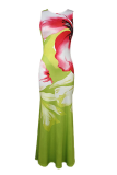 Blue Elegant Print Patchwork O Neck Long Dresses