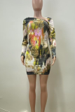Pink Sexy Print Patchwork Asymmetrical Collar Wrapped Skirt Dresses