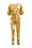Yellow Casual Tie Dye Patchwork O Neck Short Sleeve Two Pieces