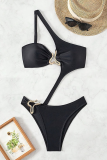Black Sexy Solid Color Metal Accessories Trim Swimwears