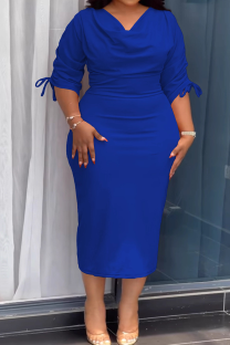 Blue Elegant Solid Color Draw String V Neck Wrapped Skirt Plus Size Dresses