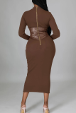 Black Casual Solid Color Zipper O Neck Wrapped Skirt Dresses