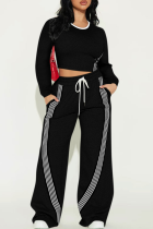 Black Casual Stripe Patchwork O Neck Long Sleeve Two Pieces