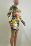 Pink Sexy Print Patchwork Asymmetrical Collar Wrapped Skirt Dresses