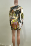 Pink Sexy Print Patchwork Asymmetrical Collar Wrapped Skirt Dresses