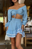 Blue Sexy Solid Color Lace Off Shoulder Long Sleeve Two Pieces