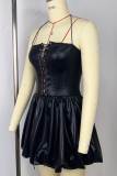 Black Sexy Solid Color Cross Straps Spaghetti Strap Bud Dresses