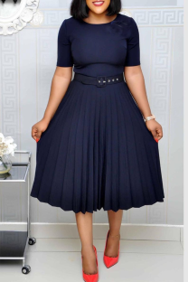 Tibetan Blue Casual Solid Patchwork Tear With Belt O Neck A Line Dresses