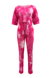 Yellow Casual Tie Dye Patchwork O Neck Short Sleeve Two Pieces