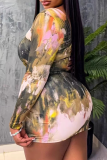 Pink Sexy Print Patchwork Asymmetrical Collar Wrapped Skirt Dresses