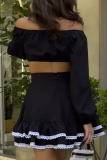 Blue Sexy Solid Color Lace Off Shoulder Long Sleeve Two Pieces