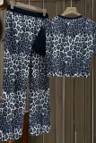 Black Casual Leopard Print Contrast O Neck Short Sleeve Two Pieces