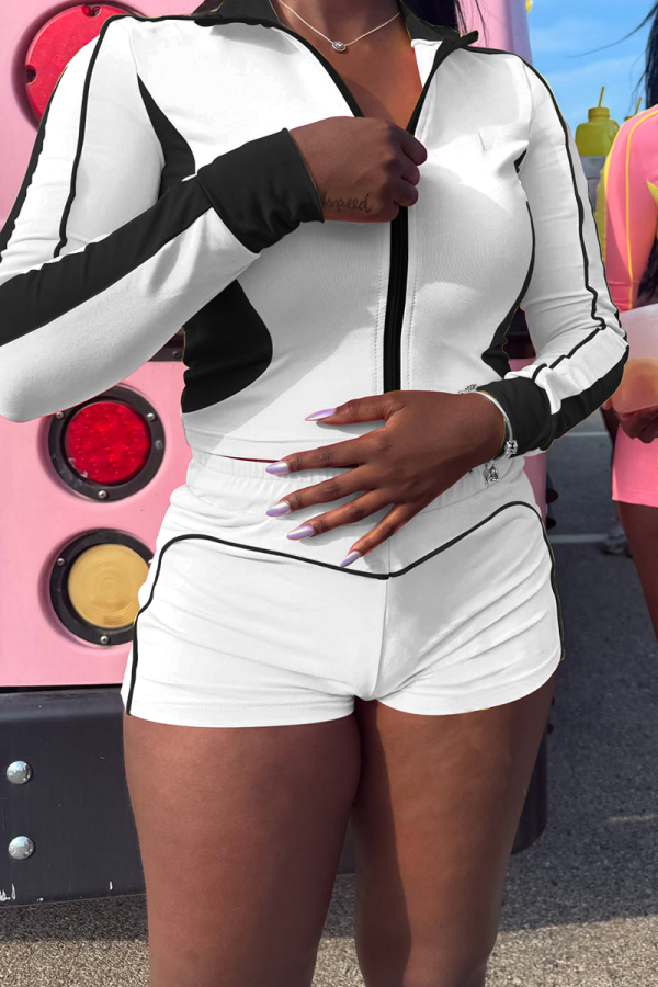 White Casual Zipper Contrast Zipper Collar Long Sleeve Two Pieces