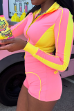 Pink Casual Zipper Contrast Zipper Collar Long Sleeve Two Pieces