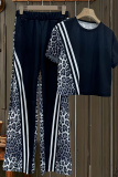Black Casual Leopard Print Contrast O Neck Short Sleeve Two Pieces