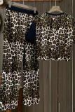 Black Casual Leopard Print Contrast O Neck Short Sleeve Two Pieces