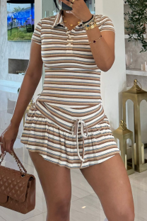 Multicolor Casual Stripe Lace Up Turndown Collar Short Sleeve Two Pieces