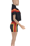Red Sexy Zipper Contrast Zipper Collar Short Sleeve Three Pieces