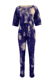 Yellow Casual Tie Dye Patchwork O Neck Short Sleeve Two Pieces