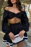 Blue Sexy Solid Color Lace Off Shoulder Long Sleeve Two Pieces