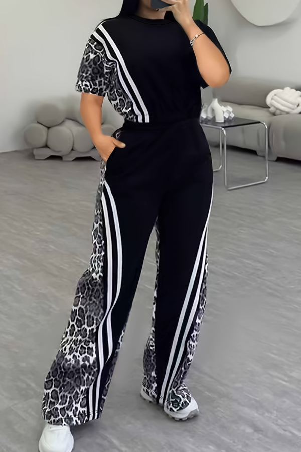Black And White Casual Leopard Print Contrast O Neck Short Sleeve Two Pieces
