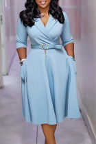 Light Blue Elegant Solid Color Pocket With Belt Turndown Collar Long Dresses