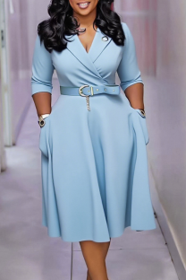 Light Blue Elegant Solid Color Pocket With Belt Turndown Collar Long Dresses