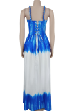 Blue Sexy Tie Dye Patchwork Spaghetti Strap Long Dresses