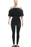 Black Sexy Solid Color Fluffy Off Shoulder Skinny Jumpsuits