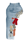 Light Blue Sexy Letters Embroidered High Slit Mid Waist Patchwork Bottoms