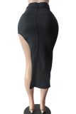 Light Blue Sexy Letters Embroidered High Slit Mid Waist Patchwork Bottoms