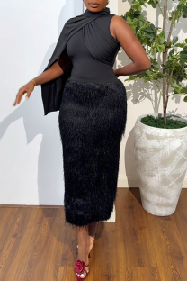 Black Elegant Solid Color Fluffy Turtleneck Long Dresses