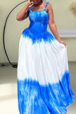 Blue Sexy Tie Dye Patchwork Spaghetti Strap Long Dresses