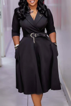 Black Elegant Solid Color Pocket With Belt Turndown Collar Long Dresses