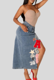 Light Blue Sexy Letters Embroidered High Slit Mid Waist Patchwork Bottoms