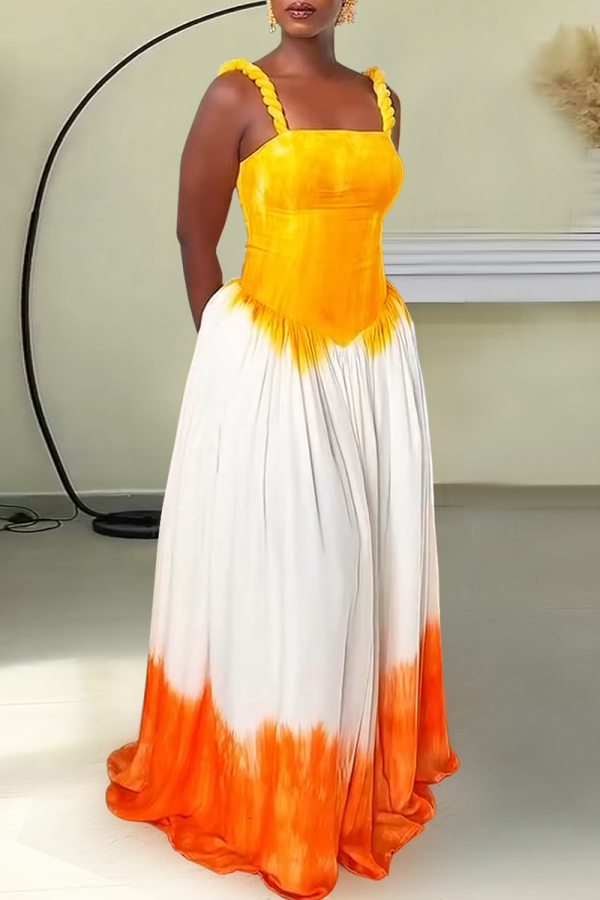Orange Sexy Tie Dye Patchwork Spaghetti Strap Long Dresses