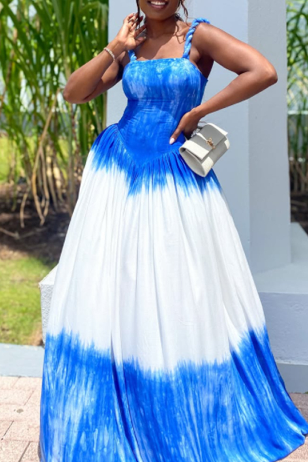 Blue Sexy Tie Dye Patchwork Spaghetti Strap Long Dresses