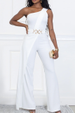 Black Sexy Solid Color Metal Accessories Trim Oblique Collar Regular Jumpsuits