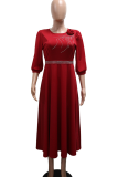 Red Elegant Solid Color Hot Drill Zipper O Neck Long Dresses
