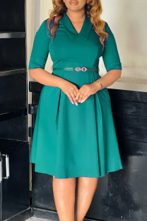 Green Elegant Solid Color With Belt Turndown Collar Long Dresses