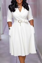 White Elegant Solid Color Pocket With Belt Turndown Collar Long Dresses