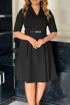 Black Elegant Solid Color With Belt Turndown Collar Long Dresses