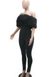 Black Sexy Solid Color Fluffy Off Shoulder Skinny Jumpsuits