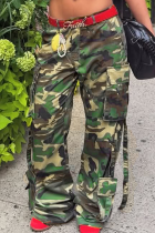Army Green Casual Camouflage Print Pocket Loose Mid Waist Conventional Full Print Bottoms