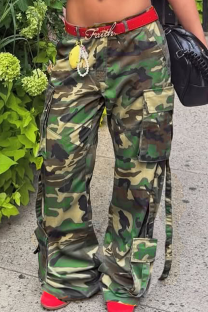Army Green Casual Camouflage Print Pocket Loose Mid Waist Conventional Full Print Bottoms